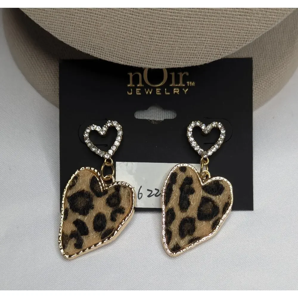 Leopard Print Heart Earrings With Rhinestones - Picture 2 of 6
